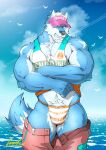  anthro badtiger biceps canid canine canis clothing facial_hair fur hair headgear headwear hi_res male mammal multicolored_body multicolored_fur muscular muscular_anthro muscular_male outside pecs seaside sky solo wolf 