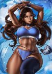  1girl abs armband arms_up avatar_(series) blue_eyes breasts brown_hair commentary dandon_fuga dark_skin highres katara long_hair looking_at_viewer medium_breasts midriff navel single_thighhigh solo thighhighs thighs 