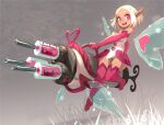  1girl bangs bare_shoulders blush_stickers boots breasts commentary dark_skin dark_skinned_female detached_wings dress elbow_gloves english_commentary fairy fairy_wings faulds flying full_body gatling_gun gloves gun heart heart-shaped_pupils holding holding_gun holding_weapon huge_weapon krosmaga long_pointy_ears medium_breasts panties pantyshot parted_bangs pink_eyes pink_footwear pink_gloves pointy_ears short_dress solo strapless strapless_dress symbol-shaped_pupils syringe syringe_gun thigh_boots thighhighs underwear upper_teeth weapon white_dress white_hair white_panties wings xavier_houssin zettai_ryouiki 