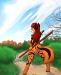  anthro butt canid canine felid female fox hair hi_res hybrid jknewlife mammal melee_weapon pantherine plant polearm sky solo spear tiger tree weapon 