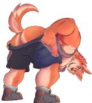  anthro blue_eyes bottomwear butt canid canine canis clothed clothing footwear fur grey_clothing grey_shirt grey_topwear hati-skm hi_res male mammal open_mouth open_smile orange_body orange_fur partially_clothed perineum shirt shoes shorts simple_background smile solo tank_top teeth topwear white_background wolf 