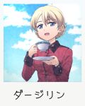 1girl bangs blonde_hair blue_eyes blue_sky braid character_name cloud cloudy_sky commentary_request cup darjeeling_(girls_und_panzer) day eyebrows_visible_through_hair girls_und_panzer haniwa_(leaf_garden) highres holding holding_cup holding_saucer jacket long_sleeves looking_at_viewer military military_uniform open_mouth partial_commentary polaroid red_jacket saucer short_hair sky smile solo st._gloriana&#039;s_military_uniform teacup tied_hair twin_braids uniform 