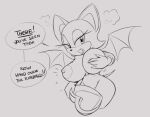  anthro big_breasts breast_squish breasts chiropteran dialogue english_text exposed_breasts female hand_on_breast looking_at_viewer mammal monochrome nipples rouge_the_bat solo sonic_the_hedgehog_(series) squidapple squish text wings 