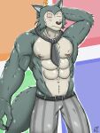  2021 5_fingers abs anthro beastars belt biceps black_nose blush bodily_fluids bottomwear canid canine canis chest_tuft claws clothed clothing countershade_face countershade_torso countershading embarrassed eye_scar eyes_closed facial_scar finger_claws fingers friendly25 fur glistening glistening_body glistening_clothing glistening_fur grey_body grey_fur hand_behind_head hi_res humanoid_hands legoshi_(beastars) male mammal muscular muscular_anthro muscular_male navel necktie nervous nipples pants pattern_bottomwear pattern_clothing pattern_pants pecs portrait scar signature solo standing striped_bottomwear striped_clothing striped_pants stripes sweat sweatdrop three-quarter_portrait topless topless_male tuft wolf 