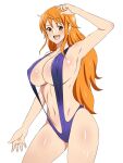  1girl arm_up armpits bangs bare_shoulders blush breasts brown_eyes collarbone covered_nipples cowboy_shot earrings eyebrows_visible_through_hair highres jewelry kagemusha long_hair looking_at_viewer nami_(one_piece) navel one_piece open_mouth orange_hair shiny shiny_hair shiny_skin simple_background slingshot_swimsuit smile solo standing strap_gap swimsuit thighs upper_teeth 