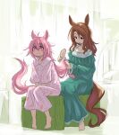  2girls absurdres animal_ears barefoot blush brown_eyes brown_hair dress ear_twitch feet full_body green_dress hair_brush hair_brushing haru_urara_(umamusume) highres horse_ears horse_girl horse_tail king_halo_(umamusume) long_hair multiple_girls nightgown pink_dress pink_eyes pink_hair rai-rai sitting sleepwear smile tail toes umamusume 