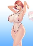  2girls absurdres areola_slip areolae armpits b-11_night_angel breast_envy breasts chibi closed_mouth curly_hair curvy fortune_(last_origin) highres hiroshi_(beolcoyote) huge_breasts last_origin long_hair looking_at_viewer multiple_girls nipples red_eyes red_hair see-through smile surprised swimsuit swimwear thighs tight wide-eyed 