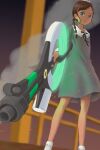  1girl absurdres aonuma_neiru blurry blurry_background bow braid brown_hair dark_skin dark_skinned_female dress green_eyes grey_dress gun hair_bow hair_ornament hairclip highres holding holding_gun holding_weapon outdoors smoke socks solo standing weapon white_bow white_legwear wonder_egg_priority yoshinariyoshida 