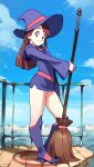  1girl boots broom brown_eyes brown_hair cloud cloudy_sky commentary hat highres holding holding_broom kagari_atsuko little_witch_academia long_hair looking_at_viewer luna_nova_school_uniform miniskirt optionaltypo panties pantyshot school_uniform skirt sky smile solo underwear witch witch_hat 