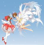  2girls blue_background bow brown_hair cardcaptor_sakura crown dress dual_persona eye_contact feathered_wings gloves green_eyes hakusai_(tiahszld) hat high_heels highres holding holding_wand kinomoto_sakura looking_at_another mini_crown multiple_girls pleated_dress profile puffy_short_sleeves puffy_sleeves red_bow red_dress red_footwear red_headwear shirt shoes short_sleeves sleeveless sleeveless_dress thighhighs wand white_dress white_footwear white_gloves white_legwear white_shirt white_wings wings 