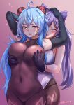  2girls ahoge black_bodysuit black_gloves blue_hair blush bodysuit breast_grab breasts brown_legwear covered_navel covered_nipples double_bun elbow_gloves ganyu_(genshin_impact) genshin_impact gloves goat_horns grabbing grabbing_from_behind hand_on_another&#039;s_head heart highres horns keqing_(genshin_impact) large_breasts lips long_hair looking_at_another multiple_girls nose_blush purple_eyes purple_hair red_eyes smile symbol_commentary tinnies twitter_username yuri 