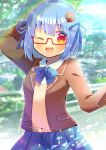  1girl ;d arm_behind_head arm_up bangs blazer blue_bow blue_hair blue_ribbon blue_skirt blurry blurry_background blush borrowed_character bow brown_jacket collared_shirt day depth_of_field eyebrows_visible_through_hair food_themed_hair_ornament glasses hair_between_eyes hair_ornament hair_ribbon hamburger-chan_(nekoume) jacket kouu_hiyoyo looking_at_viewer one_eye_closed open_blazer open_clothes open_jacket open_mouth original outdoors pleated_skirt red-framed_eyewear red_eyes ribbon semi-rimless_eyewear shirt skirt smile solo sweater_vest under-rim_eyewear upper_teeth white_shirt 