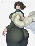  1girl araneesama ass breasts coat curvy cutesexyrobutts_(style) dark_green_hair dress fubuki_(one-punch_man) fur_coat green_dress green_eyes green_hair green_leotard jewelry large_breasts leotard lips long_dress looking_to_the_side necklace one-punch_man short_hair sideboob signature simple_background smile thick_thighs thighs white_background white_coat 
