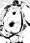  2021 absurd_res anthro balls blood bodily_fluids bulge clothed clothing fish-men_(one_piece) genitals hi_res humanoid_hands jinbe male marine monochrome moobs nipples obese obese_male one_piece overweight overweight_male scar sigenoya solo sweat takotyutyu 
