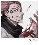  1boy absurdres black_scarf blood blood_splatter bloody_hands border brown_hair dated deacon_yuan extra_eyes facial_tattoo hand_up highres itadori_yuuji jujutsu_kaisen looking_at_viewer male_focus parted_lips red_eyes ryoumen_sukuna_(jujutsu_kaisen) scarf short_hair signature smile solo tattoo upper_body white_border 