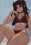  1girl absurdres black_hair blue_background blue_eyes bra fate/stay_night fate/unlimited_blade_works fate_(series) highres long_hair navel panties red_bra red_panties sitting smile thighs tohsaka_rin twintails underwear zaki_(zaki_btw) 