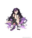  1girl absurdres bandages bandaid bandaid_on_stomach bangs black_hair boots breasts damaged eyepatch full_body girls_frontline gloves gradient gradient_legwear gun hair_between_eyes highres holding holding_gun holding_weapon kac-pdw kac-pdw_(girls_frontline) long_hair looking_at_viewer multicolored_hair navel official_art open_mouth purple_eyes purple_gloves purple_hair purple_legwear scope shanyao_jiang_tororo shoes sitting sleeveless small_breasts sneakers solo stomach submachine_gun thighhighs thighs torn_clothes torn_legwear transparent_background trigger_discipline very_long_hair weapon white_eyepatch white_footwear 