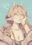  1girl bare_shoulders bracelet breasts cleavage clivenzu earrings flower hair_flower hair_ornament highres horns jewelry looking_up original pointy_ears snake straw_(stalk) tattoo watermark white_hair yellow_eyes 