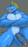  absurd_res anthro balls blue_balls blue_body crossed_arms donkey_kong_(series) foreskin genitals grey_background hi_res humanoid_genitalia humanoid_penis kremling krusha male muscular muscular_anthro muscular_male nintendo nude open_mouth partially_retracted_foreskin pecs penis scalie sharp_teeth simple_background solo teeth uncut video_games wani_panic 