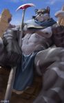  2021 anthro bottomwear chunie clothing detailed_background digital_media_(artwork) eye_scar facial_scar felid fur grey_body grey_fur hi_res holding_object holding_weapon loincloth looking_at_viewer male mammal muscular muscular_male nipples outside pantherine scar sitting sky solo stripes tiger weapon 