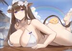  1girl animal_ears ass azur_lane bangs bare_arms bare_shoulders barefoot bikini blue_bow blue_eyes blue_sky bottle bow breasts brown_hair cleavage cow_ears cow_girl cow_horns cow_tail day flower hair_flower hair_ornament horns huge_breasts kakeku kashino_(after-bath_pleasure)_(azur_lane) kashino_(azur_lane) long_hair looking_at_viewer lying manjuu_(azur_lane) milk_bottle on_stomach onsen outdoors rainbow sky solo swimsuit tail thigh_strap white_bikini white_flower wooden_floor 