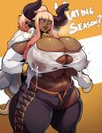  animal_humanoid areola big_breasts bodily_fluids bovid bovid_humanoid bovine bovine_humanoid breasts cattle_humanoid cleavage clothed clothing dark_body dark_skin donaught female hi_res huge_breasts humanoid lactating mammal mammal_humanoid milk nipples slightly_chubby solo text thick_thighs wide_hips 
