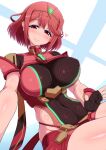  1girl bangs blush breasts chest_jewel closed_mouth curvy fingerless_gloves gloves heart highres lap_pillow_invitation large_breasts looking_at_viewer plump ponponmaru pyra_(xenoblade) red_eyes red_hair red_shorts short_hair short_shorts shorts smile solo swept_bangs tiara xenoblade_chronicles_(series) xenoblade_chronicles_2 