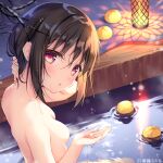  1girl :o back black_hair branch breasts brown_eyes cupping_hand from_side lamp looking_at_viewer looking_back nape nude onsen original partially_submerged shikitani_asuka short_hair sidelocks water 