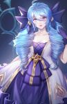  absurdres ahoge blue_eyes blue_hair bow breasts cleavage dress drill_hair eyebrows_visible_through_hair eyes_visible_through_hair gold_trim gwen_(league_of_legends) hand_in_hair heterochromia highres league_of_legends lolita_fashion looking_at_viewer purple_eyes saikayo scissors smile sparkle stitched_neck twin_drills 