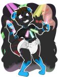  anthro black_body black_fur blue_body blue_fur brown_hair canid canine canis diaper domestic_dog fur ghost glowstick group hair haunted hi_res male mammal markings multicolored_body multicolored_fur nervous_smile nervous_sweat paddedulf purple_eyes rave solo spirit 