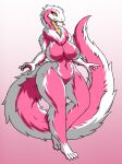  anthro belly_scales big_breasts breasts featureless_breasts featureless_crotch female fluffy fluffy_tail forked_tongue fur furred_snake gradient_background hi_res multicolored_body multicolored_fur neck_tuft pink_body pink_fur pink_tongue rakkuguy reptile scales scalie simple_background smile snake solo tongue tongue_out tuft two_tone_body two_tone_fur white_body white_fur wide_hips yellow_eyes 