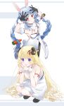  2girls :d animal_ear_fluff animal_ears arms_up bangs bare_shoulders black_footwear black_gloves black_legwear black_leotard blonde_hair blue_eyes blue_hair bow braid breasts brown_eyes bunny_ears carrot_hair_ornament closed_mouth commentary_request curled_horns daitai_sotogawa_(futomomo) detached_sleeves don-chan_(usada_pekora) dress eyebrows_visible_through_hair food_themed_hair_ornament fur-trimmed_gloves fur_trim gloves hair_bow hair_ornament hair_ribbon highres hololive horns leotard long_hair looking_at_viewer multicolored_hair multiple_girls open_mouth pantyhose puffy_short_sleeves puffy_sleeves red_ribbon ribbon sheep_horns shoes short_eyebrows short_sleeves sleeveless sleeveless_dress small_breasts smile squatting standing strapless strapless_dress strapless_leotard thick_eyebrows tsunomaki_watame twin_braids twintails two-tone_hair usada_pekora very_long_hair virtual_youtuber white_bow white_dress white_hair white_sleeves 