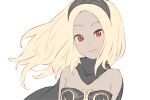  1girl bare_shoulders blonde_hair blush breasts cleavage commentary english_commentary gravity_daze gravity_daze_2 hairband highres kitten_(gravity_daze) looking_at_viewer medium_breasts mixed-language_commentary red_eyes saitou_shunsuke scarf smile white_background 