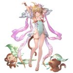  1girl alpha_transparency andira_(granblue_fantasy) animal_ears armpits arms_up bangs bare_shoulders blonde_hair blush breasts collarbone detached_sleeves double_bun erune eyebrows_visible_through_hair flower full_body granblue_fantasy hair_flower hair_ornament minaba_hideo monkey monkey_ears monkey_tail official_art one-piece_swimsuit open_mouth red_eyes sandals short_hair small_breasts swimsuit tail thighlet transparent_background two_side_up 