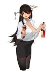  1girl absurdres alcohol alternate_costume beidou_(genshin_impact) black_hair black_legwear breasts bright_pupils cleavage cropped_legs cup drinking_glass eyepatch genshin_impact hair_ornament hair_stick highres jewelry large_breasts long_hair looking_at_viewer no_bra office_lady pantyhose partially_unbuttoned pencil_skirt red_eyes sidelocks simple_background single_earring skirt smile solo white_background wine_glass wu_yue_[vulpes] 