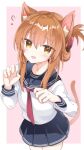  1girl animal_ears blush brown_eyes brown_hair cat_ears cat_tail eyebrows_visible_through_hair fathom flying_sweatdrops hair_between_eyes highres inazuma_(kancolle) kantai_collection long_hair solo tail 