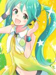  1girl aoiyui aqua_eyes aqua_hair badge bare_shoulders hair_tie hand_on_headphones hatsune_miku headphones lime_print lime_slice long_hair looking_at_viewer midriff navel necktie open_mouth project_diva_(series) shirt sleeveless sleeveless_shirt smile solo sparkle star_(symbol) twintails upper_body very_long_hair vocaloid white_neckwear wrist_cuffs yellow_(vocaloid) yellow_background yellow_shirt 