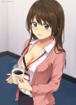  1girl black_skirt blue_eyes blush breasts brown_hair cardigan cleavage coffee collared_shirt cup dress_shirt highres holding holding_cup indoors lanyard long_hair long_sleeves looking_at_viewer office_lady open_mouth original partially_unbuttoned pencil_skirt pink_cardigan setu_kurokawa shirt signature skirt smile solo white_shirt 