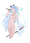  1girl blue_hair breasts bug butterfly green_eyes highres insect looking_at_viewer magatama magatama_necklace medium_breasts nipples nude original pussy shirt short_hair simple_background solo thighs white_background white_shirt 