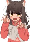  1girl animal_ear_fluff animal_ears bangs blush brown_hair cat_ears cat_tail claw_pose commentary_request eyebrows_visible_through_hair eyes_visible_through_hair fang hands_up highres hood hood_down hoodie jitome kemonomimi_mode korean_commentary long_hair long_sleeves looking_at_viewer mole mole_under_eye nakta open_mouth original simple_background solo tail upper_body white_background yellow_eyes 