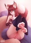  4_toes anthro anus atsuii big_breasts breasts butt canid canine chizu_(rinnyrawr) feet female fluffy fluffy_tail foot_focus fox genitals hi_res looking_at_viewer mammal pawpads paws presenting pussy sitting smiling_at_viewer soles solo toeless_legwear toes 