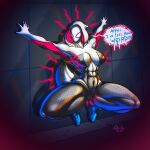  abs bodysuit breasts clothing erect_nipples female hi_res hood human mammal marvel mutation nipples rashchaos skinsuit solo speech_bubble spider-gwen spider-man_(series) tagme text thick_thighs tight_clothing transformation 