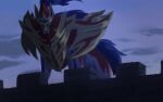  battlement closed_mouth cloud commentary_request from_below gen_8_pokemon highres legendary_pokemon looking_at_viewer no_humans one-hour_drawing_challenge outdoors pokemon pokemon_(creature) rend sky solo twilight zamazenta zamazenta_(crowned) 