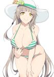  1girl bent_over bikini breasts d.c_(kdh4016) hat large_breasts long_hair looking_at_viewer multicolored multicolored_clothes noa_(soul_worker) platinum_blonde_hair smile solo soul_worker swimsuit touching translation_request white_background yellow_eyes 