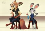 2021 anthro barefoot belt brown_body brown_fur canid canine clothed clothing dipstick_ears disney duo feet female fox fully_clothed fur furniture green_eyes grey_body grey_fur hi_res judy_hopps male mammal multicolored_ears nick_wilde purple_eyes qalcove red_fox signature simple_background sitting stool zootopia 