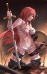  1girl bangs bikini black_footwear boots boudica_(fate) breasts cleavage den_(kur0_yuki) fate/grand_order fate_(series) green_eyes highres kneeling large_breasts long_hair navel o-ring red_hair shield swimsuit sword thigh_boots thigh_strap thighhighs thighs weapon white_bikini 