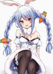  1girl :d absurdres animal_ear_fluff animal_ears arm_support bangs bare_shoulders black_legwear blue_hair blue_ribbon blush bow braid breasts bunny_ears carrot carrot_hair_ornament commentary_request detached_sleeves don-chan_(usada_pekora) dress eyebrows_visible_through_hair feet_out_of_frame food_themed_hair_ornament fur_trim hair_bow hair_ornament hair_ribbon head_tilt highres hololive leg_garter long_hair looking_at_viewer medium_breasts multicolored_hair open_mouth pantyhose pikao pom_pom_(clothes) puffy_short_sleeves puffy_sleeves red_eyes ribbon short_sleeves sidelocks silver_hair simple_background sitting smile solo thick_eyebrows tress_ribbon twin_braids twintails two-tone_hair usada_pekora very_long_hair virtual_youtuber white_background white_bow white_dress 
