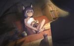  animal animal_ears barefoot cat catgirl couch green_eyes long_hair observerz original purple_hair tail 