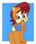  anthro archie_comics blue_eyes brown_body brown_fur butt clothed clothing colored edit female filthypally fluffy fluffy_tail fur genitals hair hi_res multicolored_body multicolored_fur open_mouth partially_clothed pussy red_hair sally_acorn solo sonic_the_hedgehog_(archie) sonic_the_hedgehog_(comics) sonic_the_hedgehog_(series) texas_toast tongue two_tone_body two_tone_fur 