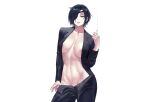  black_eyes black_hair breasts chainsaw_man cigarette eyepatch himeno_(chainsaw_man) navel nipple_slip nipples no_bra nopan open_shirt polychromatic short_hair smoking suit undressing white zefrableu 